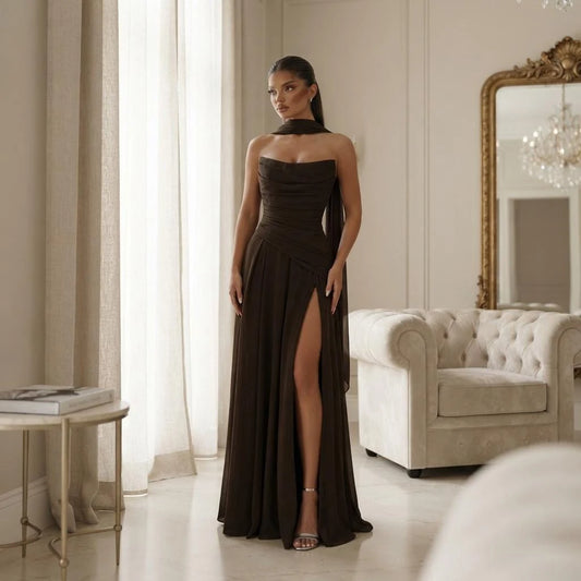 Elegant A-Line Sweetheart Sleeveless Draped Slit Choker Chiffon Chocolate Floor-Length Evening Gown