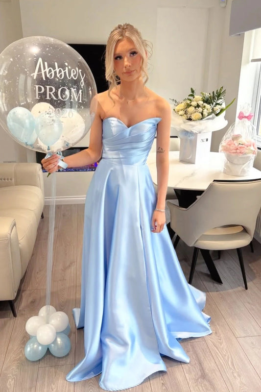 Elegant A-Line Sweetheart Sleeveless Flowy Satin Sky Blue Floor-Length Prom Dress