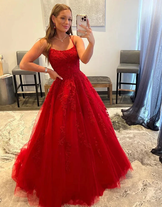 Elegant A-Line Sweetheart Sleeveless Lace Applique Tulle Red Floor-Length Prom Dress