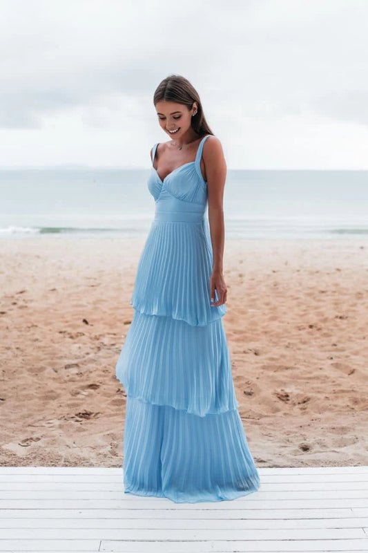 Elegant A-Line Sweetheart Sleeveless Pleated Tiered Sky Blue Chiffon Floor-Length Prom Dress
