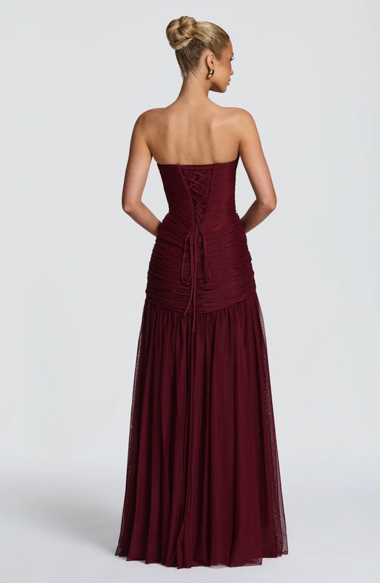 Elegant A-Line Sweetheart Sleeveless Ruched Bodice Tulle Burgundy Floor-Length Prom Dress