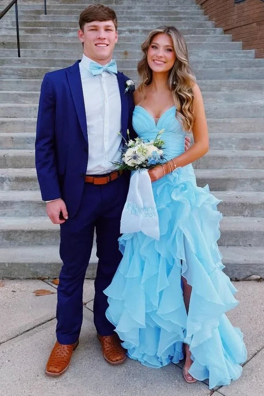Elegant A-Line Sweetheart Sleeveless Ruffled High Slit Sky Blue Floor-Length Prom Dress