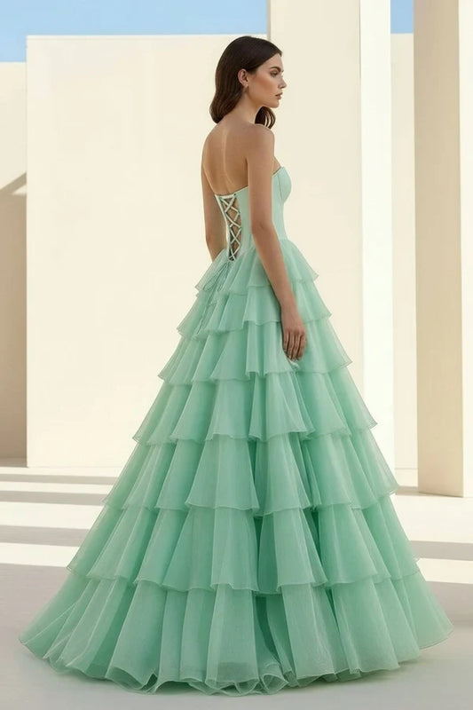 Elegant A-Line Sweetheart Sleeveless Ruffled Tiered Chiffon Floor-Length Prom Dress with Slit