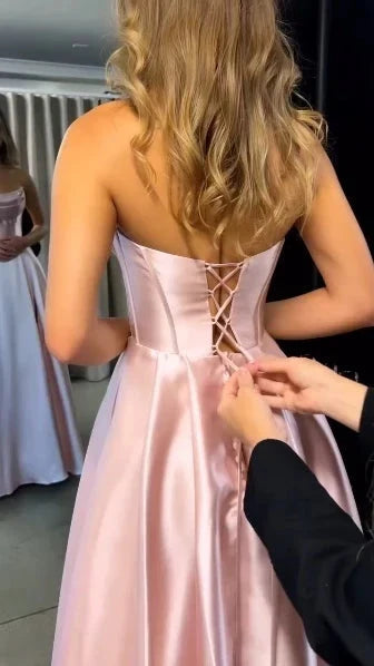 Elegant A-Line Sweetheart Sleeveless Slit Satin Blushing Pink Floor-Length Prom Dress