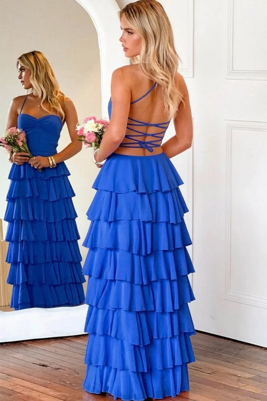 Elegant A-Line Sweetheart Sleeveless Tiered Ruffle Chiffon Royal Blue Floor-Length Prom Dress