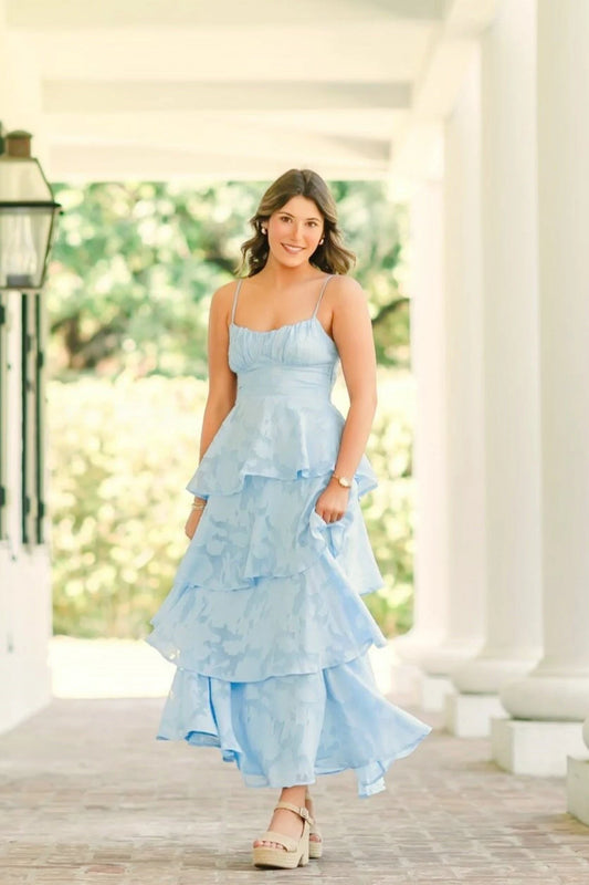 Elegant A-Line Sweetheart Sleeveless Tiered Ruffle Chiffon Sky Blue Ankle-Length Party Dress