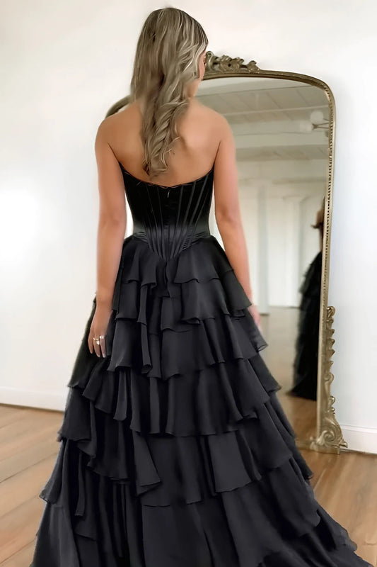 Elegant A-Line Sweetheart Sleeveless Tiered Ruffle Corset Chiffon Black Floor-Length Prom Dress