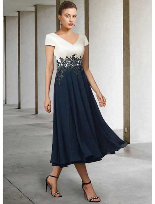 Elegant A-Line V-Neck Short Sleeve Lace Applique Satin Tea-Length Mother of the Bride Dress