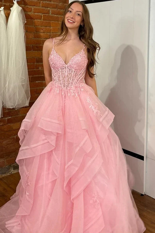 Elegant A-Line V-Neck Sleeveless Pleated Ruffles Appliques Tulle Floor-Length Prom Dress