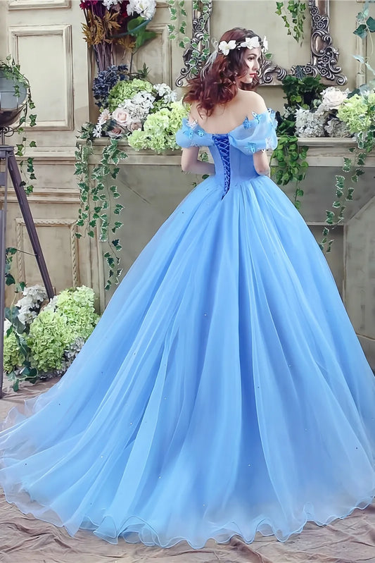 Elegant Ball Gown Off-the-Shoulder Short Sleeve Butterfly Applique Glitter Tulle Sky Blue Floor-Length Prom Dress