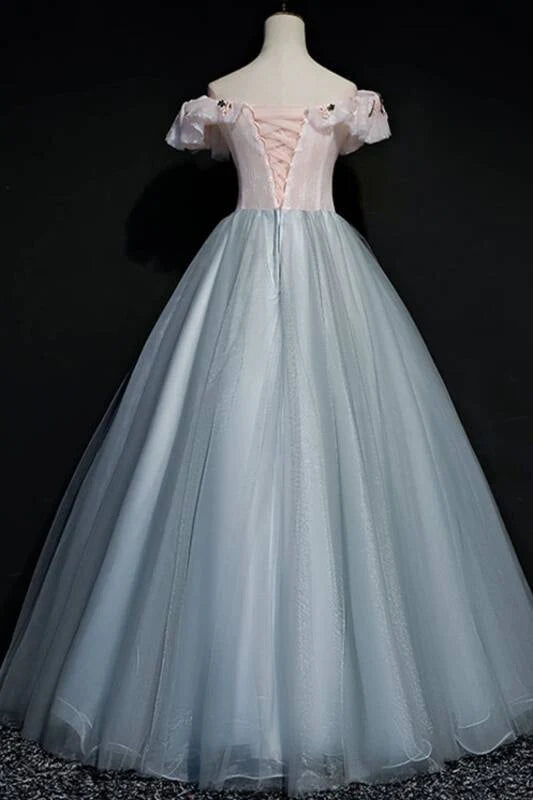 Elegant Ball Gown Off-the-Shoulder Short Sleeve Embroidered Floral Tulle Sky Blue Floor-Length Prom Dress
