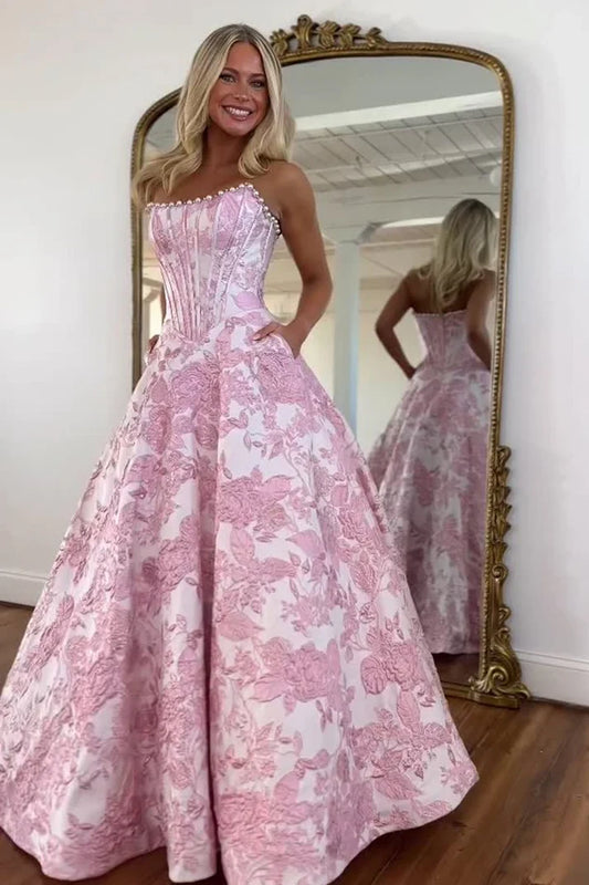 Elegant Ball Gown Strapless Sleeveless Floral Satin Pink Floor-Length Prom Dress