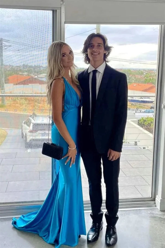 Elegant Mermaid Deep V-Neck Sleeveless Open Back Ruched Satin Prom Dress