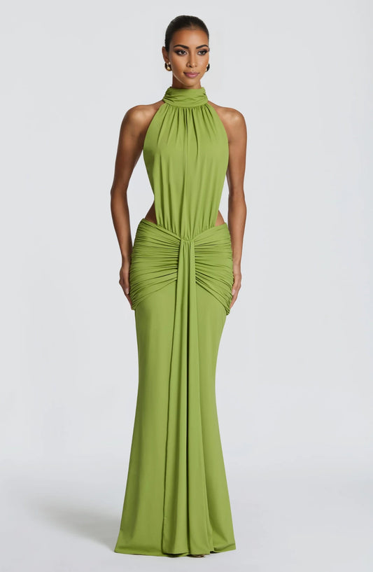 Elegant Mermaid Halter Sleeveless Ruched Cut-Out Sage Floor-Length Prom Dress