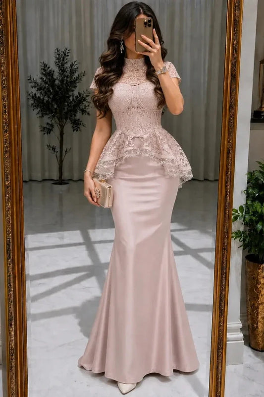 Elegant Mermaid High Neck Short Sleeve Lace Floor-Length Evening Dress
