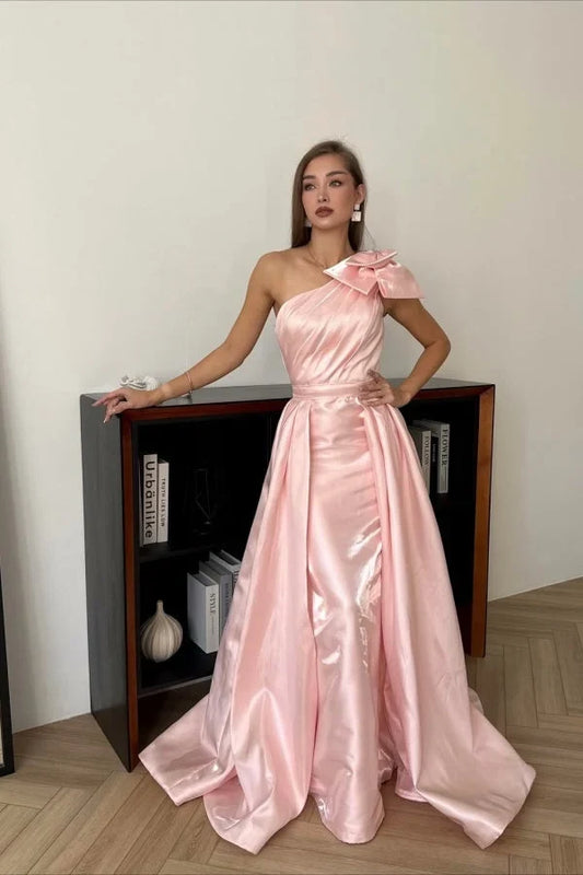 Elegant Mermaid One-Shoulder One Sleeve Ruched Bow Pink Floor-Length Prom Dress