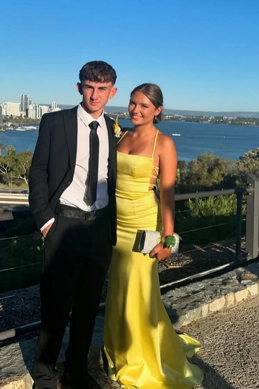 Elegant Mermaid Sleeveless Criss-Cross Back Satin Daffodil Long Formal Prom Dress