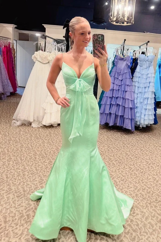 Elegant Mermaid Spaghetti Straps Sweetheart Sleeveless Bow Detail Ruched Long Prom Dress