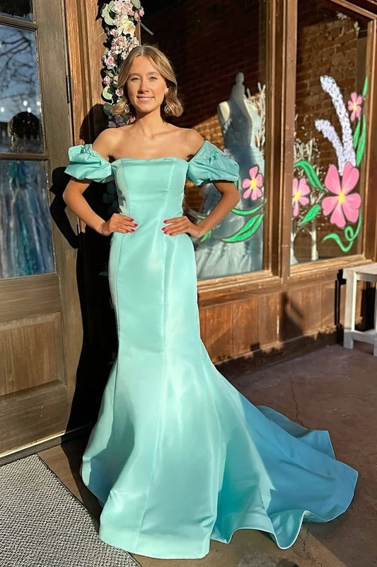 Elegant Mermaid Strapless Sleeveless Puffy Sleeves Satin Floor-Length Prom Dress