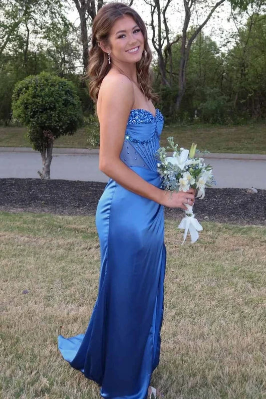 Elegant Mermaid Strapless Sleeveless Sequin Bodice Satin Blue Long Prom Dress