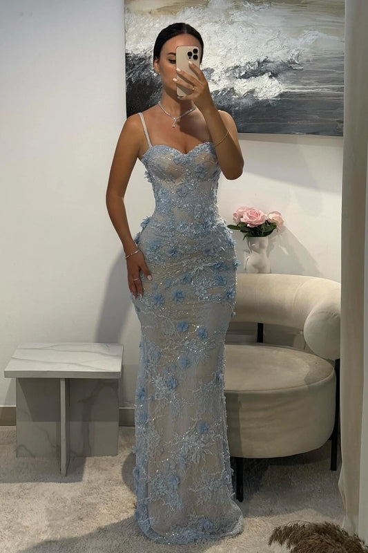 Elegant Mermaid Sweetheart Sleeveless Appliqued Sequin Lace Tulle Sky Blue Floor-Length Prom Dress