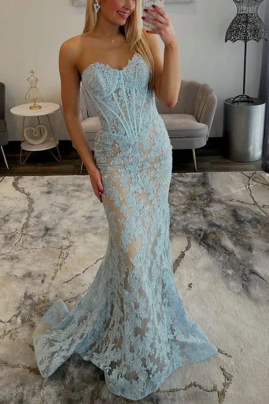 Elegant Mermaid Sweetheart Sleeveless Lace Corset Lace Sky Blue Floor-Length Prom Dress