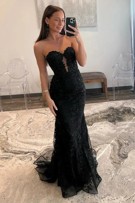 Elegant Mermaid Sweetheart Sleeveless Sequin Lace Illusion Black Floor-Length Prom Dress