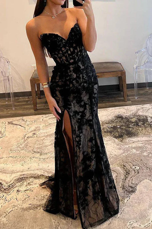 Elegant Mermaid Sweetheart Sleeveless Slit Lace-Up Lace Black Floor-Length Prom Dress