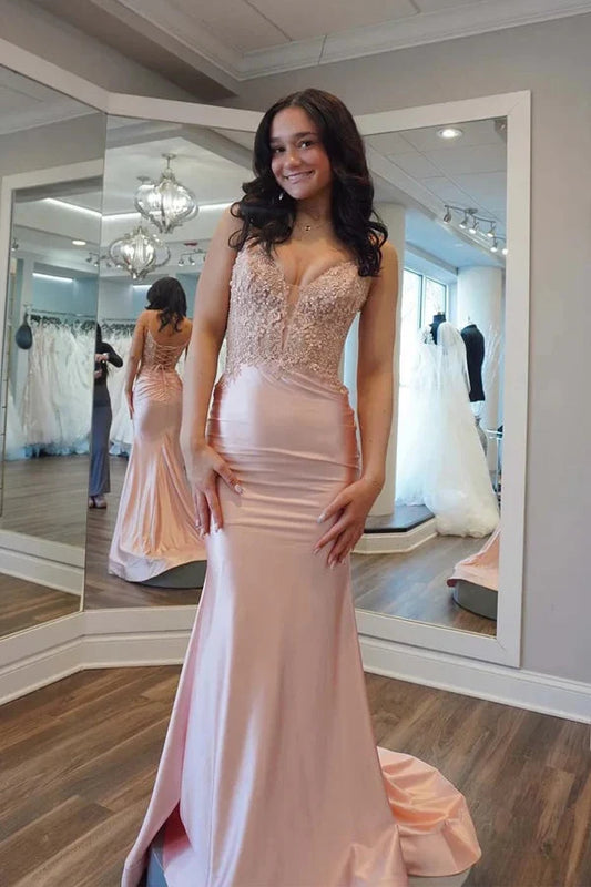 Elegant Mermaid V-Neck Sleeveless Appliqued Bodice Satin Blushing Pink Long Prom Dress