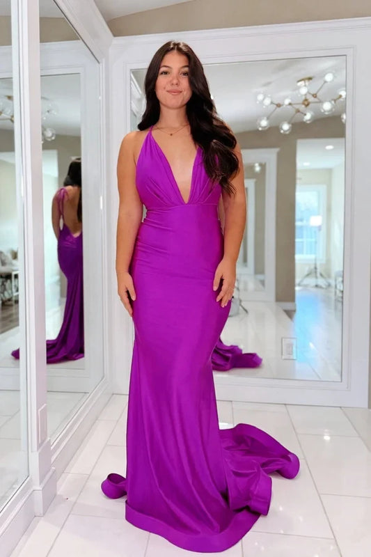 Elegant Mermaid V-Neck Sleeveless Backless Ruched Purple Satin Floor-Length Prom Dress