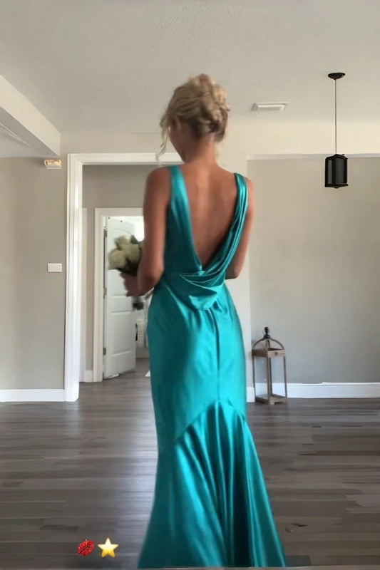 Elegant Mermaid V-Neck Sleeveless Draped Back Satin Turquoise Floor-Length Evening Gown