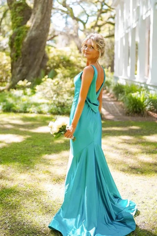 Elegant Mermaid V-Neck Sleeveless Draped Back Satin Turquoise Floor-Length Prom Dress