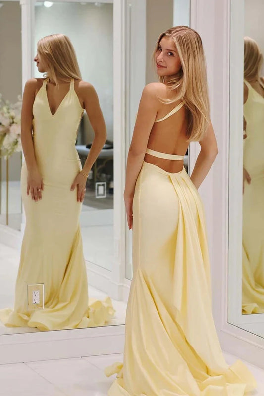 Elegant Mermaid V-Neck Sleeveless Open Back Satin Daffodil Floor-Length Prom Dress