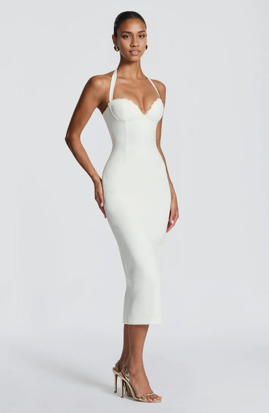 Elegant Sheath Halter Sleeveless Lace Bust Corset Back Lace White Tea-Length Party Dress
