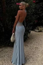 Elegant Sheath Halter V-Neck Sleeveless Lace Bodice Open Back Satin Sky Blue Floor-Length Prom Dress