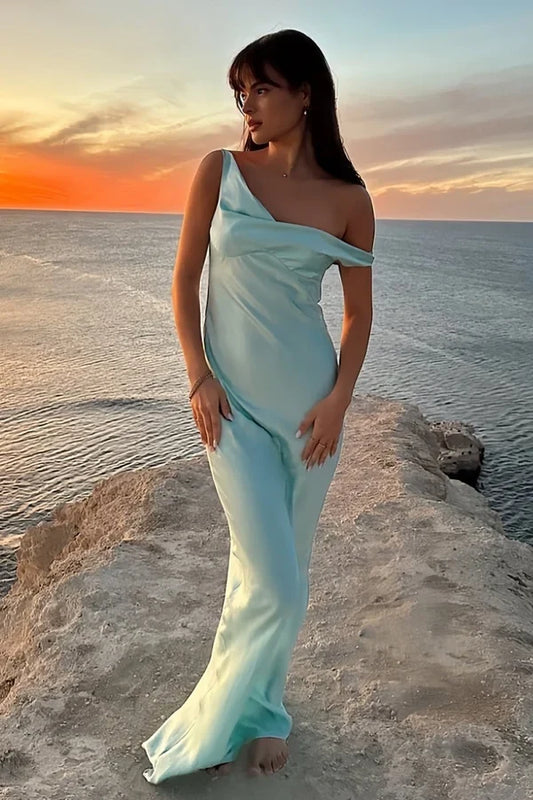 Elegant Sheath One-Shoulder One Sleeve Draped Satin Floor-Length Evening Dress