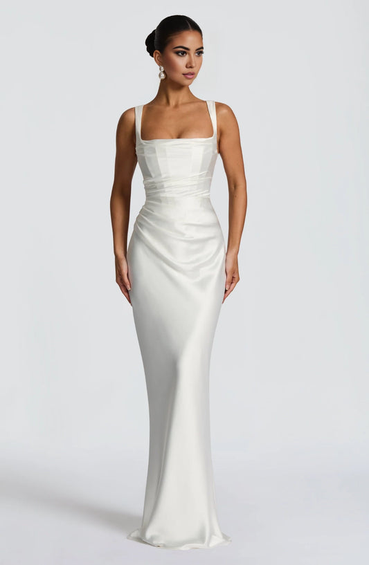 Elegant Sheath Square Neck Sleeveless Lace-Up Back Satin Ivory Floor-Length Prom Evening Dress