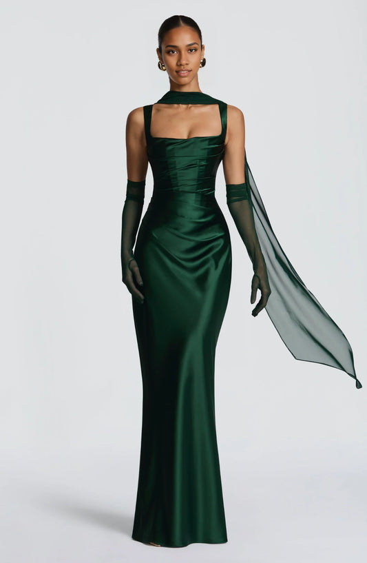 Elegant Sheath Square Sleeveless Draped Corset Back Satin Dark Green Floor-Length Prom Evening Dress