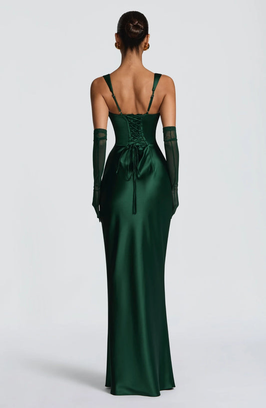 Elegant Sheath Square Sleeveless Draped Corset Back Satin Dark Green Floor-Length Prom Evening Dress