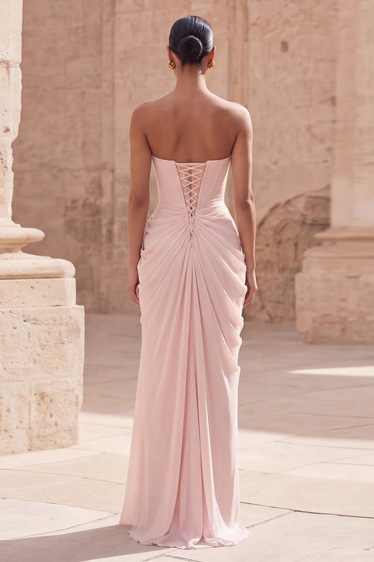 Elegant Sheath Strapless Sleeveless Draped High Slit Chiffon Blushing Pink Floor-Length Prom Dress