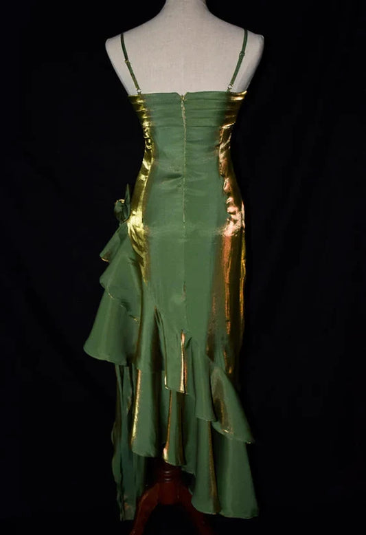 Elegant Sheath Strapless Sleeveless Ruched Ruffled Satin Jungle Green High Low Prom Dress