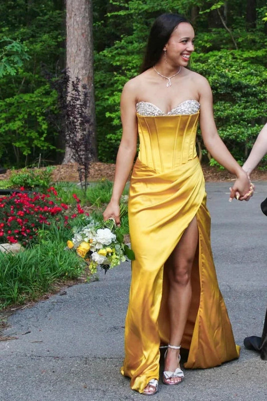 Elegant Sheath Sweetheart Sleeveless Beaded Slit Draped Satin Floor-Length Prom Dress