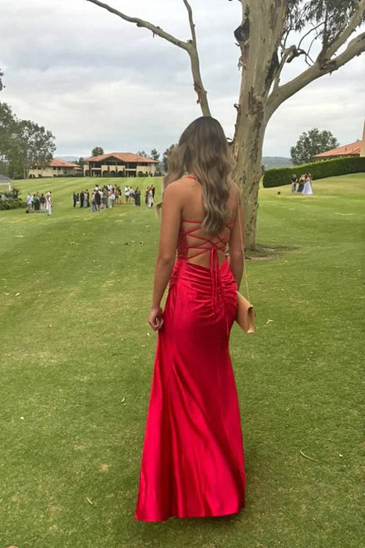 Elegant Sheath Sweetheart Sleeveless Corset Bodice Sequin Satin Red Floor-Length Prom Dress