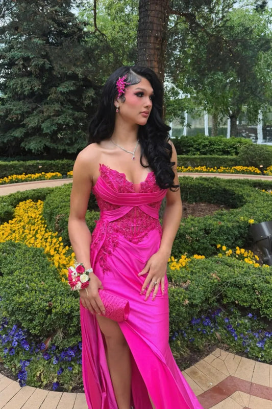 Elegant Sheath Sweetheart Sleeveless High Slit Embellished Fuchsia Satin Floor-Length Prom Dress