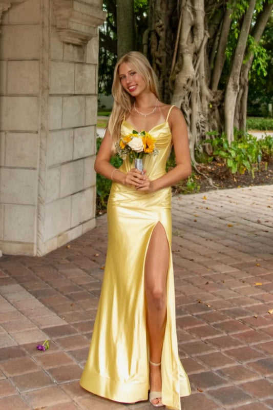 Elegant Sheath Sweetheart Sleeveless High Slit Satin Daffodil Floor-Length Prom Dress