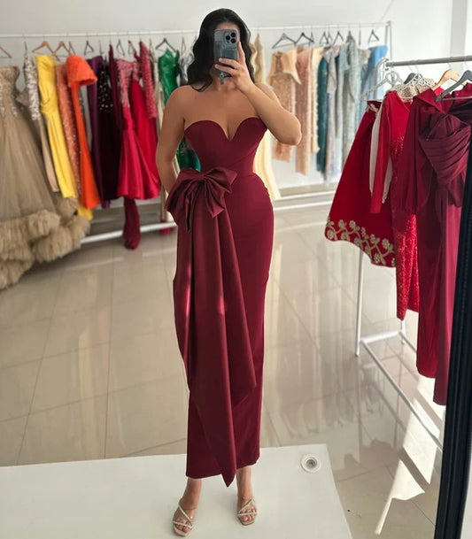 Elegant Sheath Sweetheart Sleeveless Side Bow Burgundy Party Dress for Women