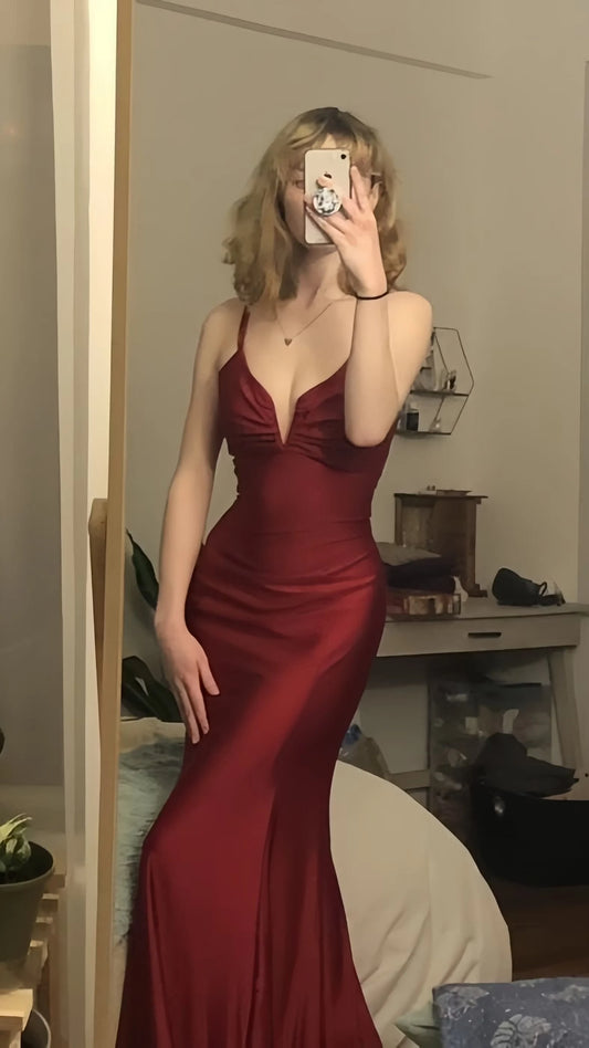 Elegant Sheath V-Neck Sleeveless Criss-Cross Back Satin Burgundy Floor-Length Prom Dress