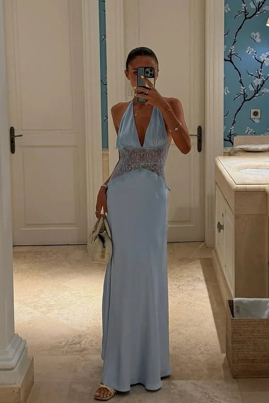 Elegant Sheath V-Neck Sleeveless Lace Bodice Satin Sky Blue Floor-Length Evening Dress