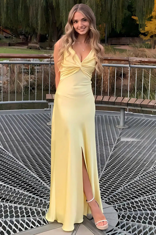 Elegant Sheath V-Neck Sleeveless Twisted Bust Slit Satin Lemon Floor-Length Prom Dress