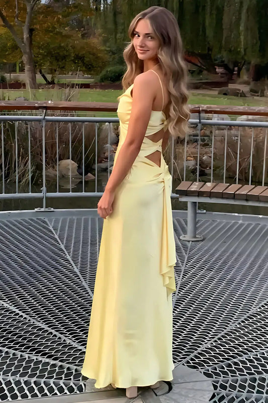 Elegant Sheath V-Neck Sleeveless Twisted Bust Slit Satin Lemon Floor-Length Prom Dress